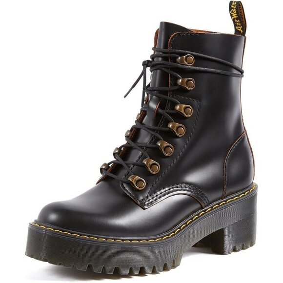 Women\'s Leona Leather Black Smooth Ankle Lace Up Heeled Boot